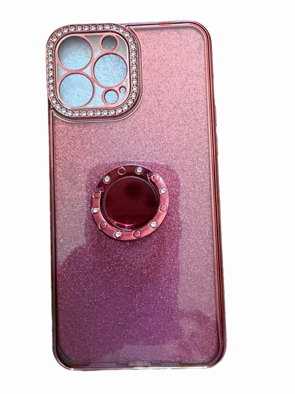 Red Glitter Phone Case with Ring Grip and Camera Rhinestones IPhone 15 Pro Max.